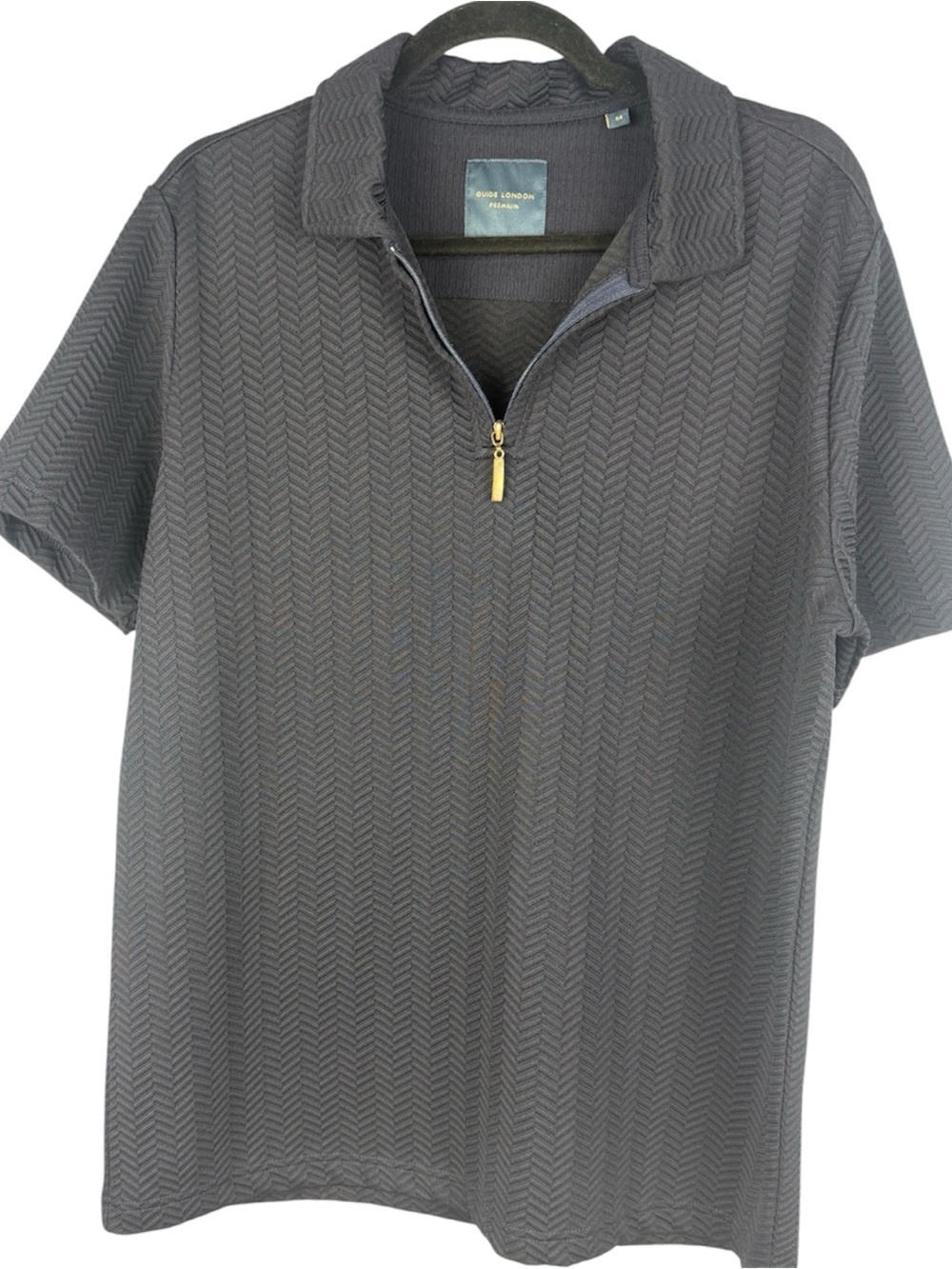 Guide London Premium Mens Quarter Zip Polo Shirt Med Navy Blue Chevron Textured